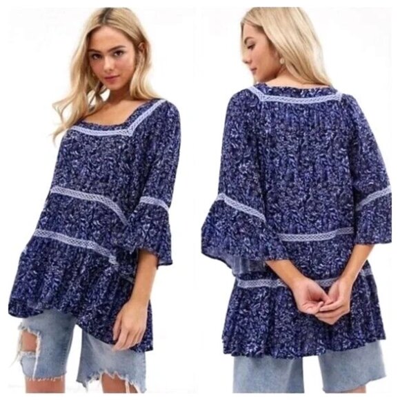 FREE PEOPLE Talk About It Tunic Top Blouse Tiered Peasant Floral Women's Medium - Picture 1 of 13